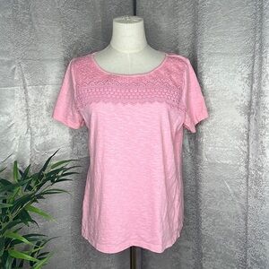 NEW Talbots Women’s Pink Lace Front Round Neck Short Sleeve Tee Sz Medium
